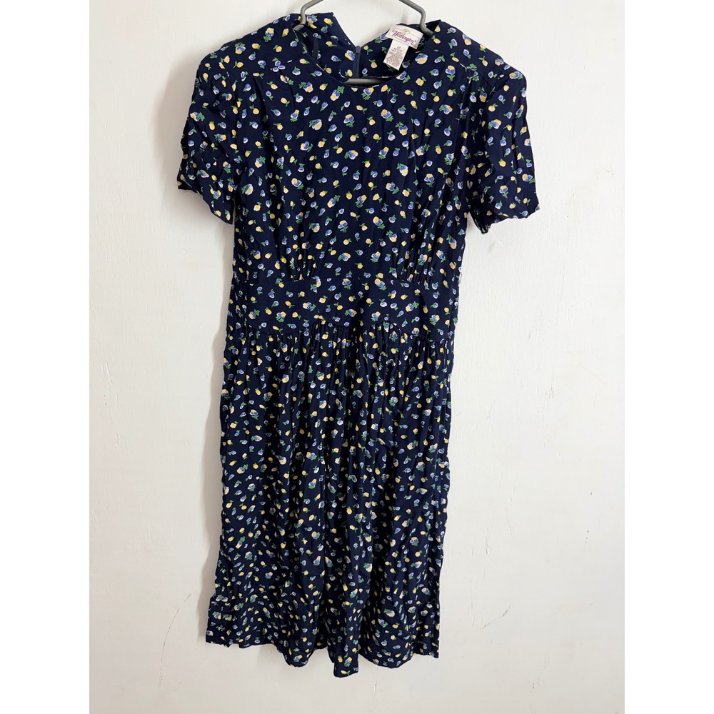 Worthington Vintage Navy Floral Rayon Midi Dress Short Sleeve Petite 8P Cottage